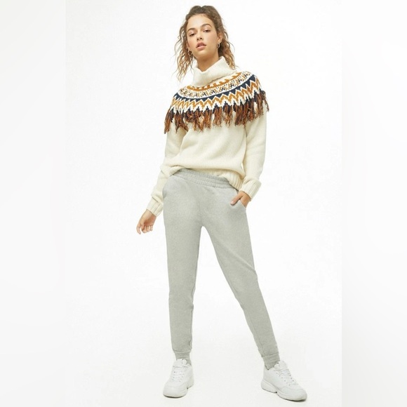 Forever 21 Cream Navy Blue Nordic Boho Fair Isle Fringe Sweater Women’s Sz M - Picture 2 of 8